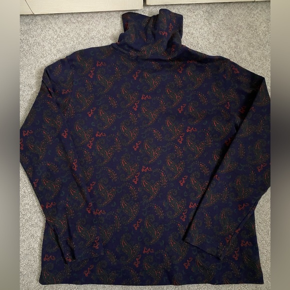 Navy blue turtleneck with red and green Paisley-like design - Picture 1 of 5